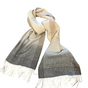 FRAAS 100% Cashmere Striped & Herringbone Scarf, gray & cream w/ tan